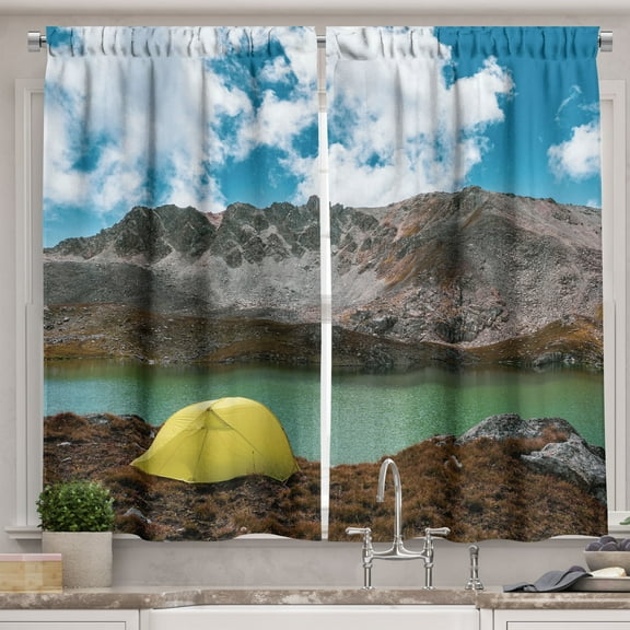 Ambesonne Mountain Scene Kitchen Curtains, Lake and Tent Print, 55"x36", Reseda Green Sea Blue