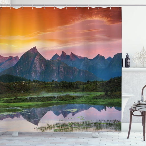 Ambesonne Mountain Shower Curtain, Lofoten Islands Sunset, 69"Wx75"L, Burnt Orange Green and Blue