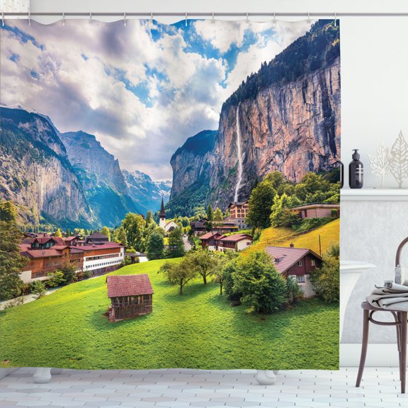 Ambesonne Mountain Shower Curtain, Outdoor Scene Waterfall, 69"Wx84"L, Multicolor