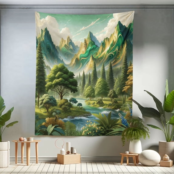 Ambesonne Mountain Tapestry Twin Size, Fantasy Land Heights Boho, 68"x88", Fern Green Ivory Blue