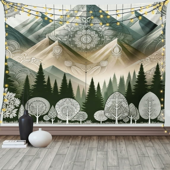 Ambesonne Mountain Tapestry Wall Hanging, Oriental Mandala Mounts, 80"x60", Dark Green Blue Grey Ecru