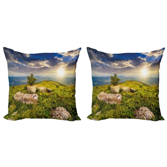 Ambesonne Mountain Throw Pillow Cover 2 Pack, 3 Behind Boulders, 20", Green Yellow Blue