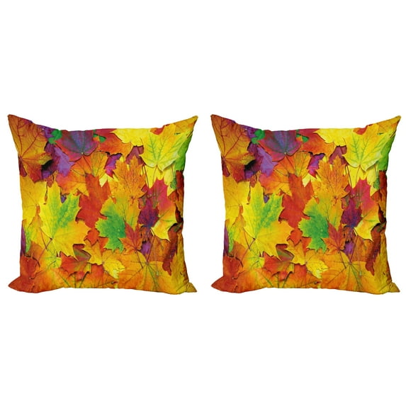 Ambesonne Mountain Throw Pillow Cover 2 Pack, Colorful Maple Leaf Photo, 18", Yellow Purple