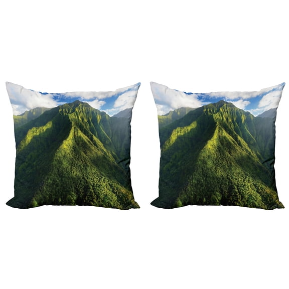 Ambesonne Mountain Throw Pillow Cover 2 Pack, Exotic Hawaii Nature, 24", Green Blue White