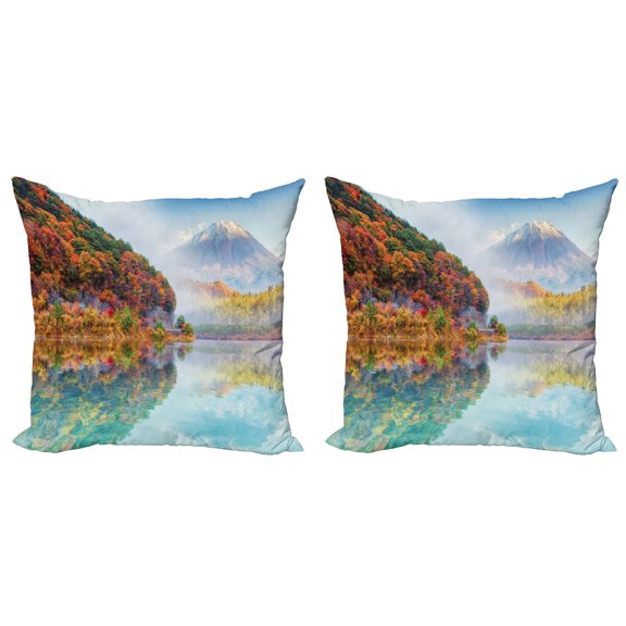 Ambesonne Mountain Throw Pillow Cover 2 Pack, Foggy Climate in Autumn, 16", Multicolor