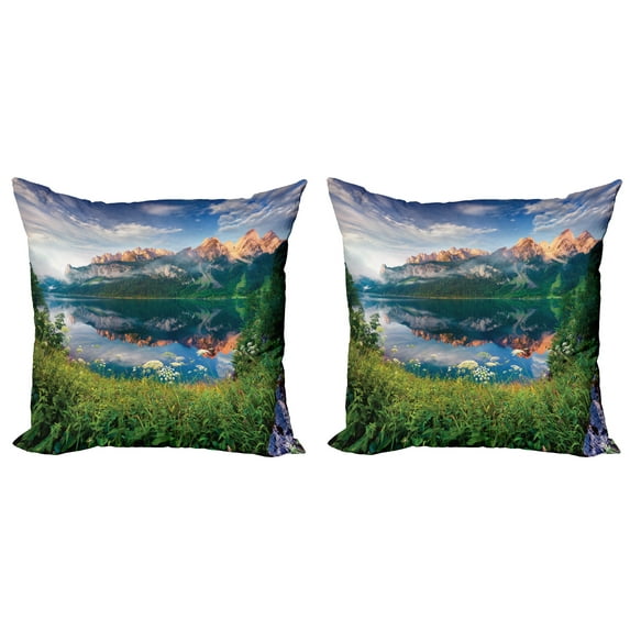 Ambesonne Mountain Throw Pillow Cover 2 Pack, Sunny Summer Morning, 16", Multicolor