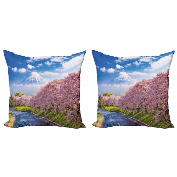 Ambesonne Mountain Throw Pillow Cover 2 Pack, View of River Clear Sky, 16", Azure Blue Pale Pink