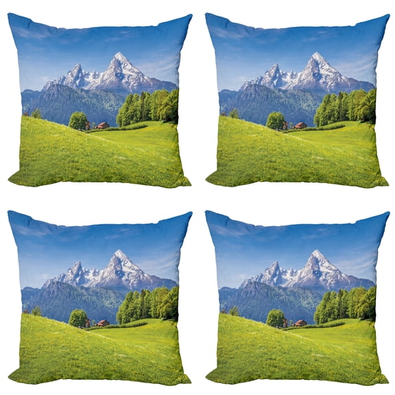 Ambesonne Mountain Throw Pillow Cover 4 Pack, Alps with Meadow Flora, 24", Green Blue