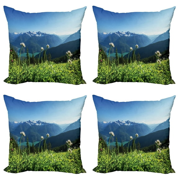 Ambesonne Mountain Throw Pillow Cover 4 Pack, Diablo Lake Dandelions, 18", Sky Blue and Green