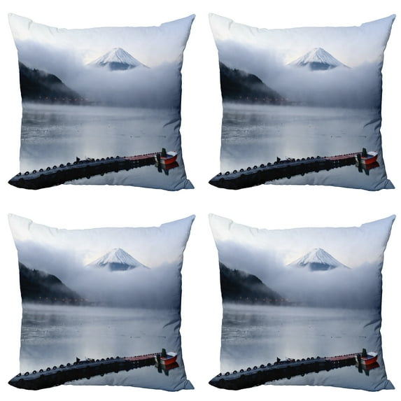 Ambesonne Mountain Throw Pillow Cover 4 Pack, Mountain Peaks Kawaguchi, 18", Blue Grey