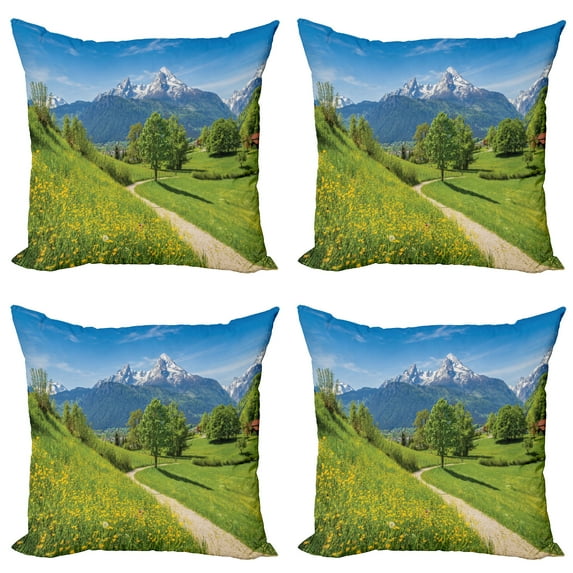 Ambesonne Mountain Throw Pillow Cover 4 Pack, Spring Scenery in Alps, 16", Multicolor