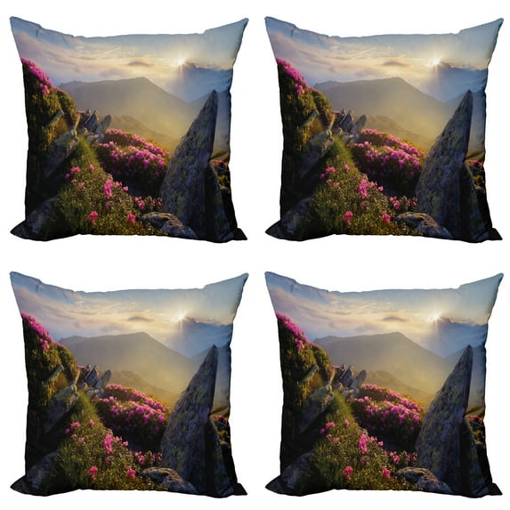 Ambesonne Mountain Throw Pillow Cover 4 Pack, Sunrise Rhodonderons, 18", Yellow Green Pink