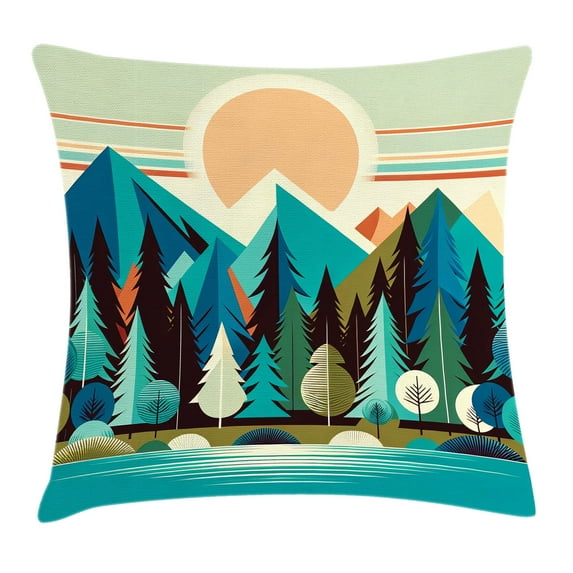Ambesonne Mountain Throw Pillow Cushion Cover, Boho View Fantasy Woods, 16" X 16", Blue Salmon Seafoam
