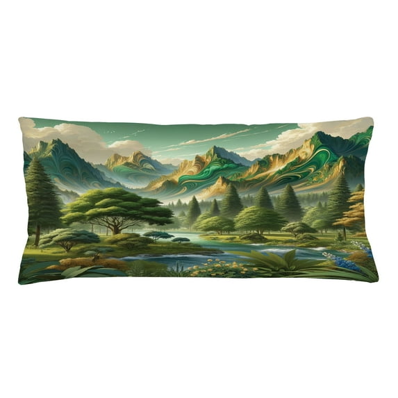 Ambesonne Mountain Throw Pillow Cushion Cover, Fantasy Land Heights Boho, 36" X 16", Fern Green Ivory Blue