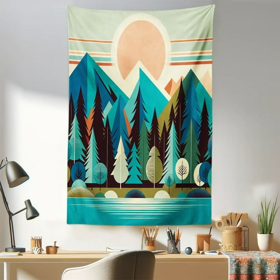 Ambesonne Mountain Wall Hanging Tapestry, Boho View Fantasy Woods, 30"x45", Blue Salmon Seafoam