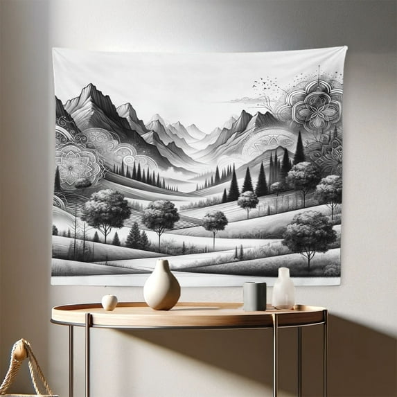 Ambesonne Mountain Wall Hanging Tapestry, Monochrome Wooded Lands, 28"x23", Pale Grey Dark Taupe
