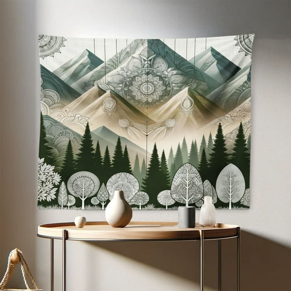 Ambesonne Mountain Wall Hanging Tapestry, Oriental Mandala Mounts, 28"x23", Dark Green Blue Grey Ecru