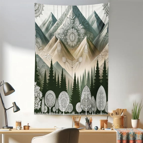 Ambesonne Mountain Wall Hanging Tapestry, Oriental Mandala Mounts, 30"x45", Dark Green Blue Grey Ecru
