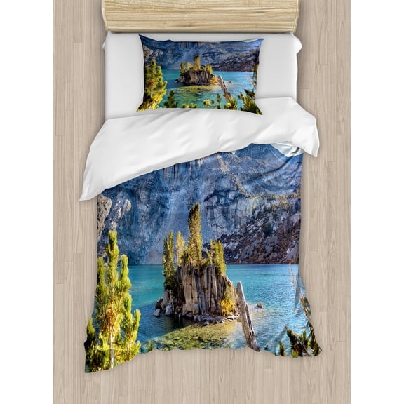 Ambesonne Mountains Duvet Cover Set, Sierra Nevada Lake Spring, Twin, Yellow Green Blue Grey