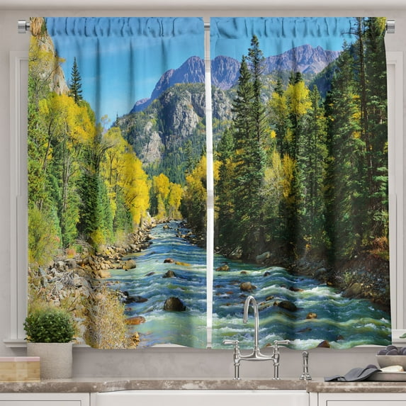 Ambesonne Mountains Kitchen Curtains, River and Colorful Trees, 55"x39", Multicolor