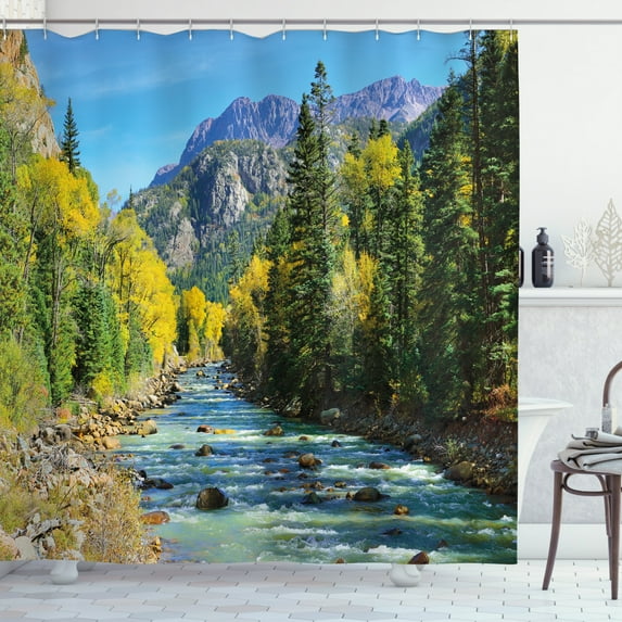Ambesonne Mountains Shower Curtain, River and Colorful Trees, 69"Wx75"L, Multicolor