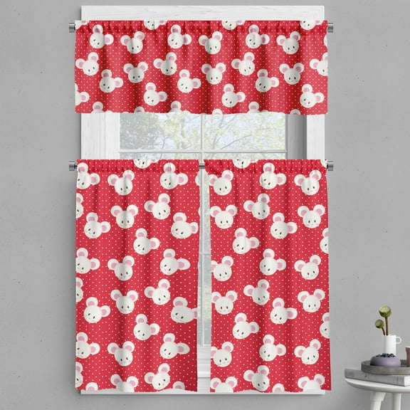Ambesonne Mouse Valance & Curtain, Animal on Warm Polka Dots, 55"x36", Dark Pink and White
