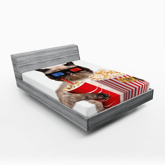 Ambesonne Movie Theater Fitted Sheet 2 Pcs Set, Cat Popcorn, California King, Multicolor