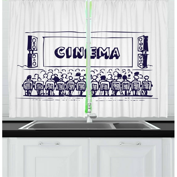 Ambesonne Movie Theater Kitchen Curtains, Audience Cinema, 55"x45", Navy Blue White