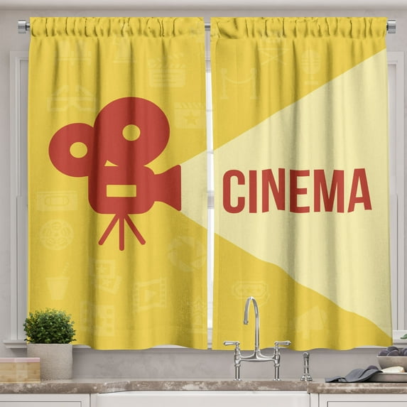 Ambesonne Movie Theater Kitchen Curtains, Projector Design, 55"x39", Dark Coral Beige Yellow