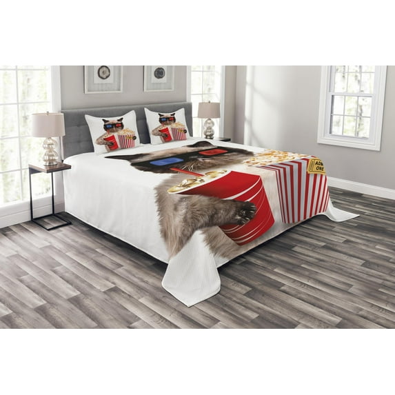 Ambesonne Movie Theater Quilted Bedspread Set 3 Pcs, Cat Popcorn, King Size, Multicolor