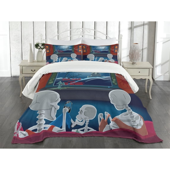 Ambesonne Movie Theater Quilted Bedspread Set 3 Pcs, Skeleton Family, Queen Size, Multicolor
