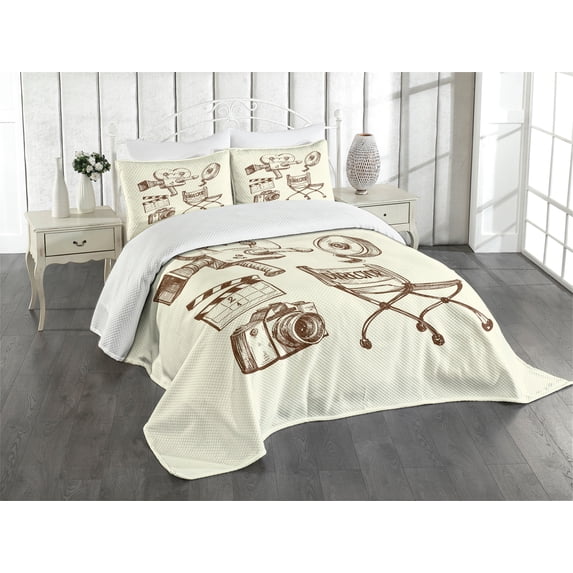 Ambesonne Movie Theater Quilted Bedspread Set 3 Pcs, Vintage Set, Queen Size, Beige Brown
