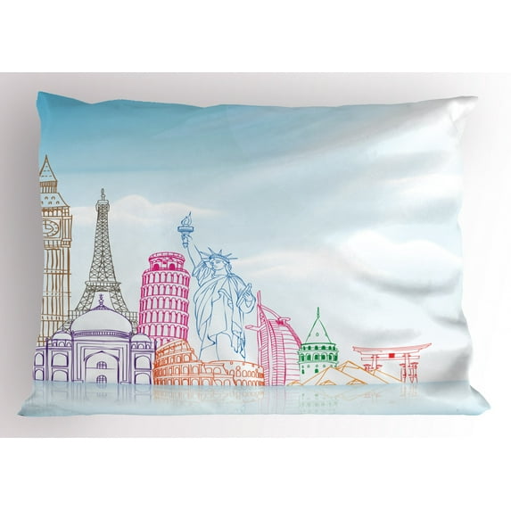 Ambesonne Multi Pillow Sham, European Cities Landmarks, 36" X 20", Multicolor