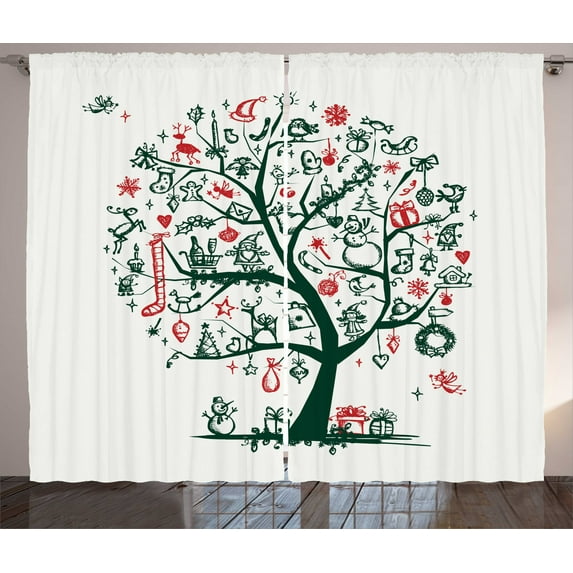 Ambesonne Christmas Curtains 2 Panel Set, Tree Ornaments Gifts, 108" x 84", Vermilion and Green