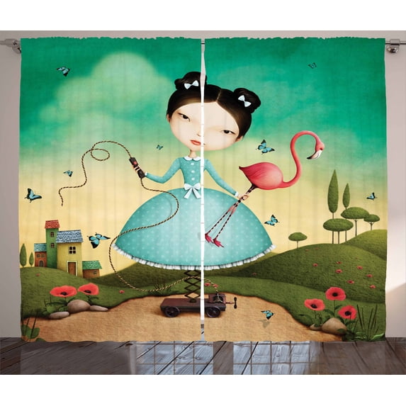 Ambesonne Mural Curtains 2 Panel Set, Cartoon Little One Flamingo, 108" x 90", Multicolor
