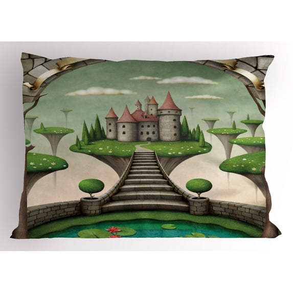 Ambesonne Mural Pillow Sham, Boho Castle and Meadows, 26" X 20", Multicolor