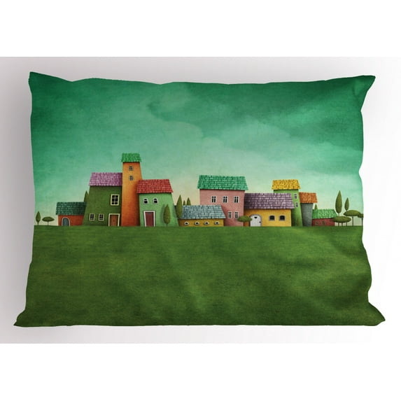 Ambesonne Mural Pillow Sham, Village of Absurd Houses, 26" X 20", Multicolor