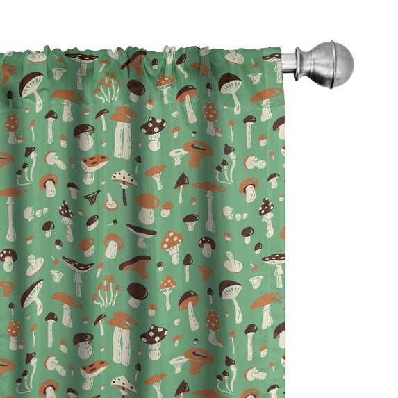 Ambesonne Mushroom Window Curtains, Autumn Motif on Green Back, Each 28" W x 63" L, Dark Orange Seal Brown