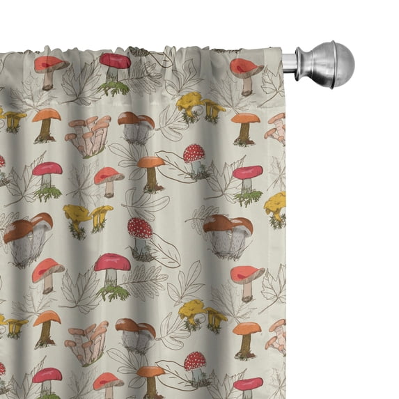 Ambesonne Mushroom Window Curtains, Autumnal Forest Floral, Each 28" W x 63" L, Dark Coral Fawn