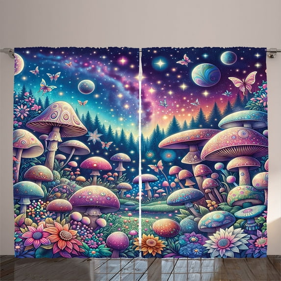 Ambesonne Mushroom Curtains 2 Panel Set, Dreamland Floral Meadow, 108" x 90", Pale Purple Aqua Indigo