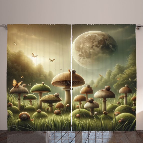 Ambesonne Mushroom Curtains 2 Panel Set, Dreamy Space Fantasy Woods, 108" x 63", Reseda Green and Khaki