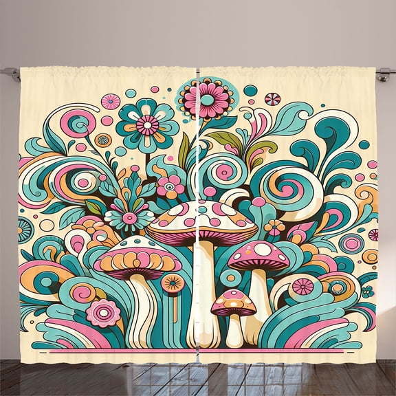 Ambesonne Mushroom Curtains 2 Panel Set, Groovy 70s Garden Bloom, 108" x 63", Teal Pink Beige