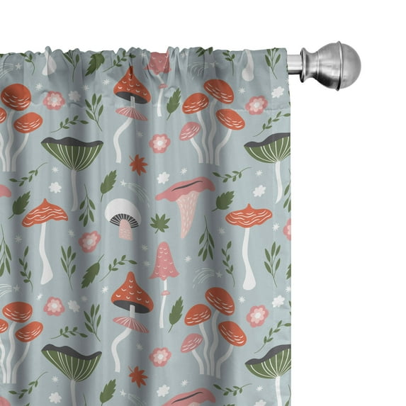 Ambesonne Mushroom Curtains, Cartoon Floral Pattern Art, Pair of 28"x63", Pale Blue Grey Dried Rose