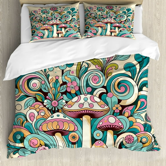 Ambesonne Mushroom Duvet Cover Set, Groovy 70s Garden Bloom, Calking, Teal Pink Beige