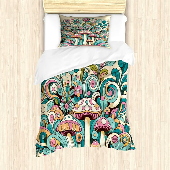 Ambesonne Mushroom Duvet Cover Set, Groovy 70s Garden Bloom, Twin, Teal Pink Beige