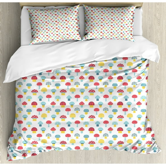Ambesonne Mushroom Duvet Cover Sets, Cartoon Autumn Forest Food, 2-King, Mustard Dark Coral and Blue