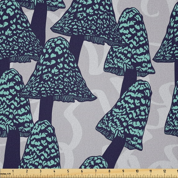 Ambesonne Mushroom Fabric by the Yard Microfiber, Abstract Art Wild Forest, 3 Yards, Indigo and Turquoise