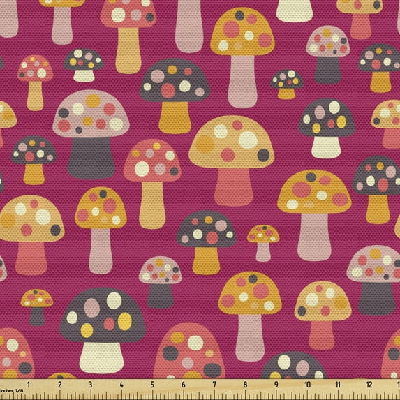 Ambesonne Mushroom Fabric by the Yard Upholstery, Cartoon Art Colorful Dots, 5 Yards, Magenta and Multicolor
