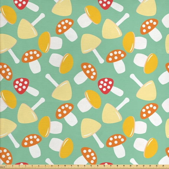 Ambesonne Mushroom Fabric by the Yard Upholstery, Colorful Toadstools, 5 Yards, Mint Green and Multicolor