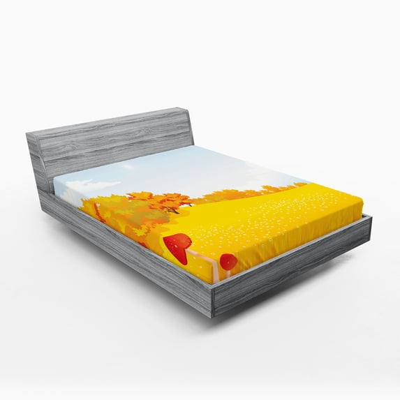 Ambesonne Mushroom Fitted Sheet, Fall Landscape Meadow, Queen Size, Orange Blue Red
